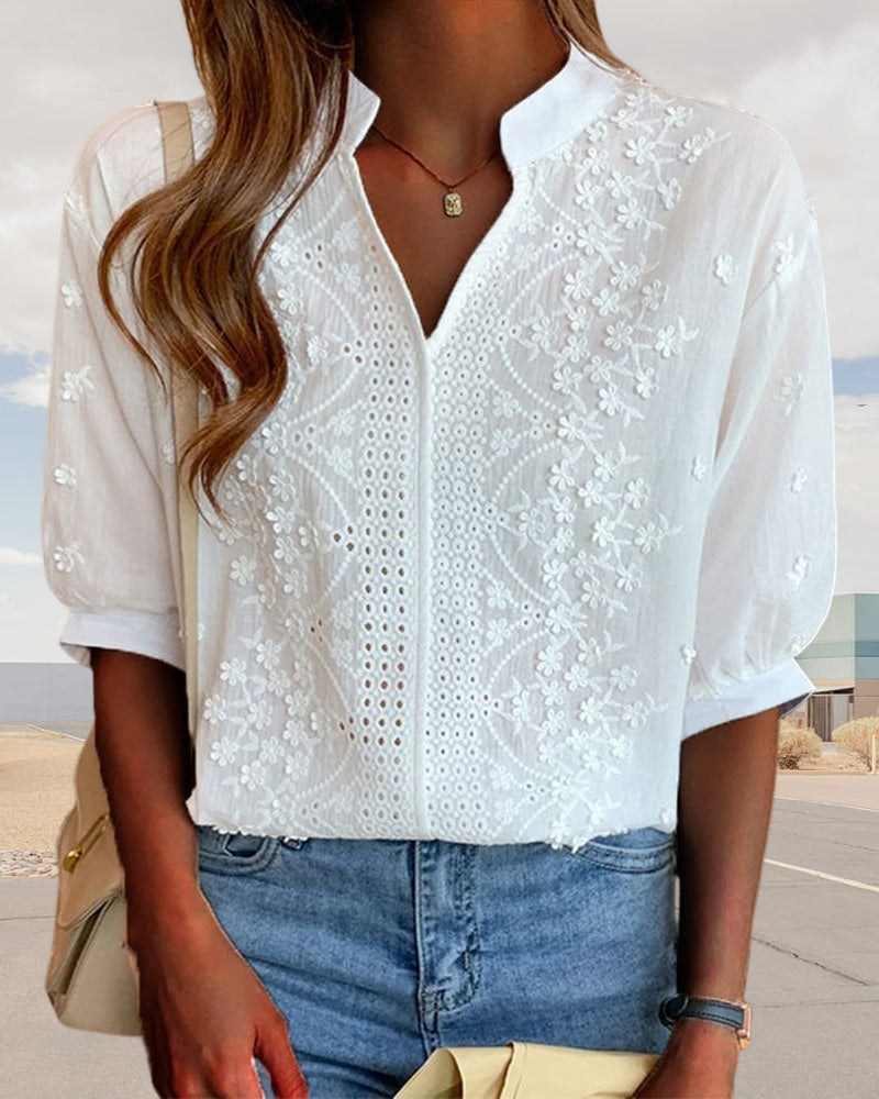 Cotton Blend Top – V Neck Lace Patchwork & Breathable Fit