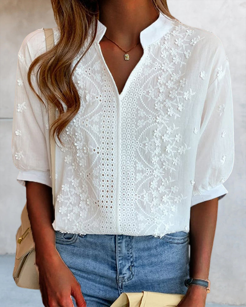 Cotton Blend Top – V Neck Lace Patchwork & Breathable Fit