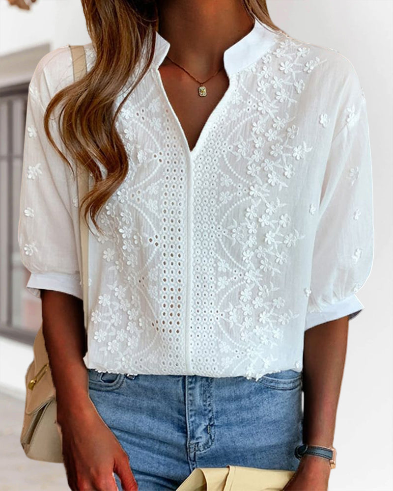 Cotton Blend Top – V Neck Lace Patchwork &amp; Breathable Fit