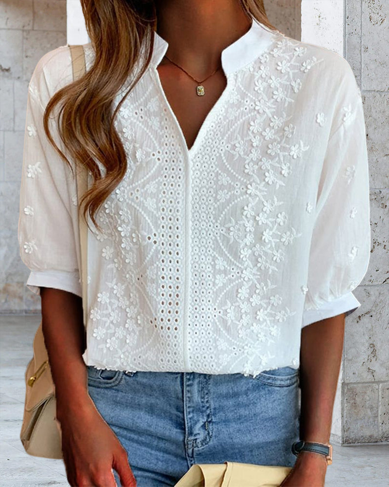 Cotton Blend Top – V Neck Lace Patchwork &amp; Breathable Fit