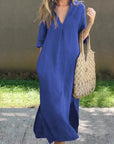 Dress - Cotton Blend V Neck & Side Pocket