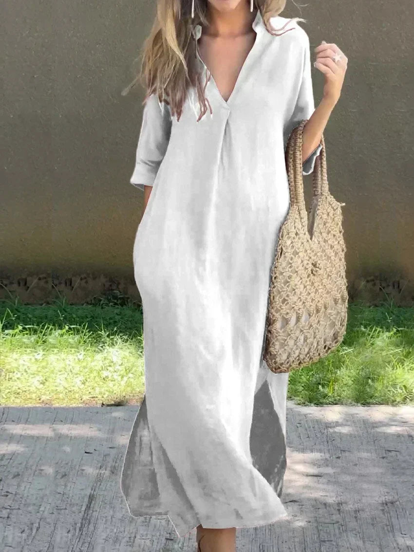 Dress - Cotton Blend V Neck & Side Pocket