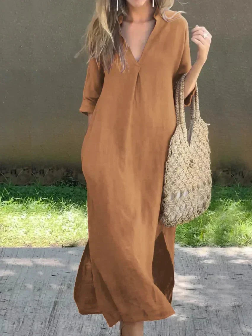 Dress - Cotton Blend V Neck & Side Pocket