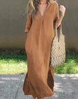 Dress - Cotton Blend V Neck & Side Pocket