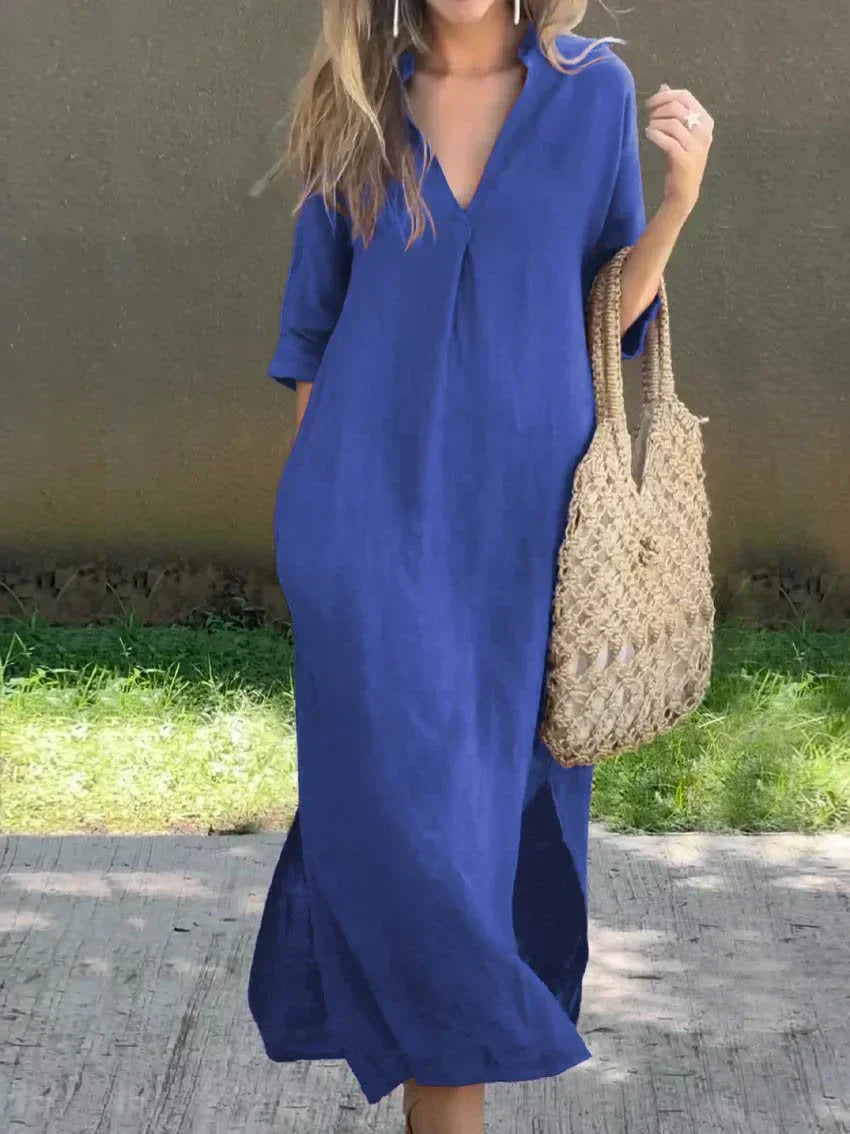 Dress - Cotton Blend V Neck & Side Pocket