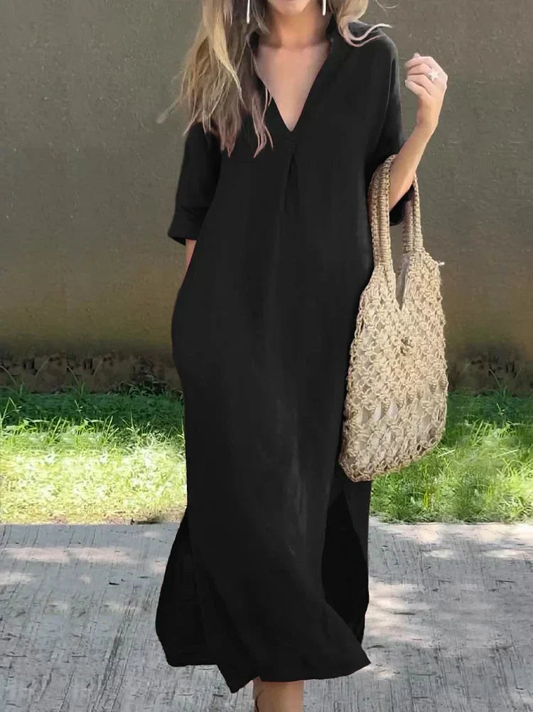 Dress - Cotton Blend V Neck &amp; Side Pocket