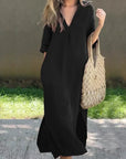Dress - Cotton Blend V Neck & Side Pocket
