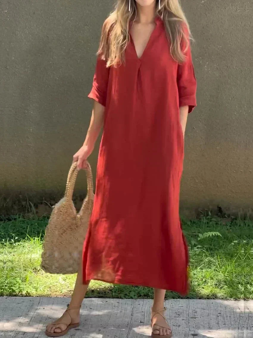 Dress - Cotton Blend V Neck & Side Pocket