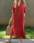 Dress - Cotton Blend V Neck & Side Pocket