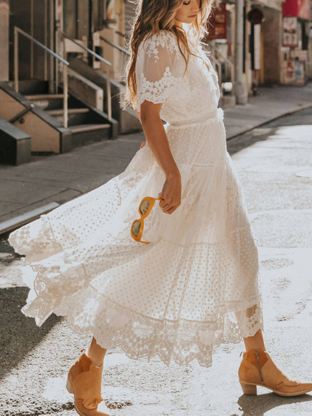 Lace Dress - V Neck & Airy Short Sleeves & Breathable Fit