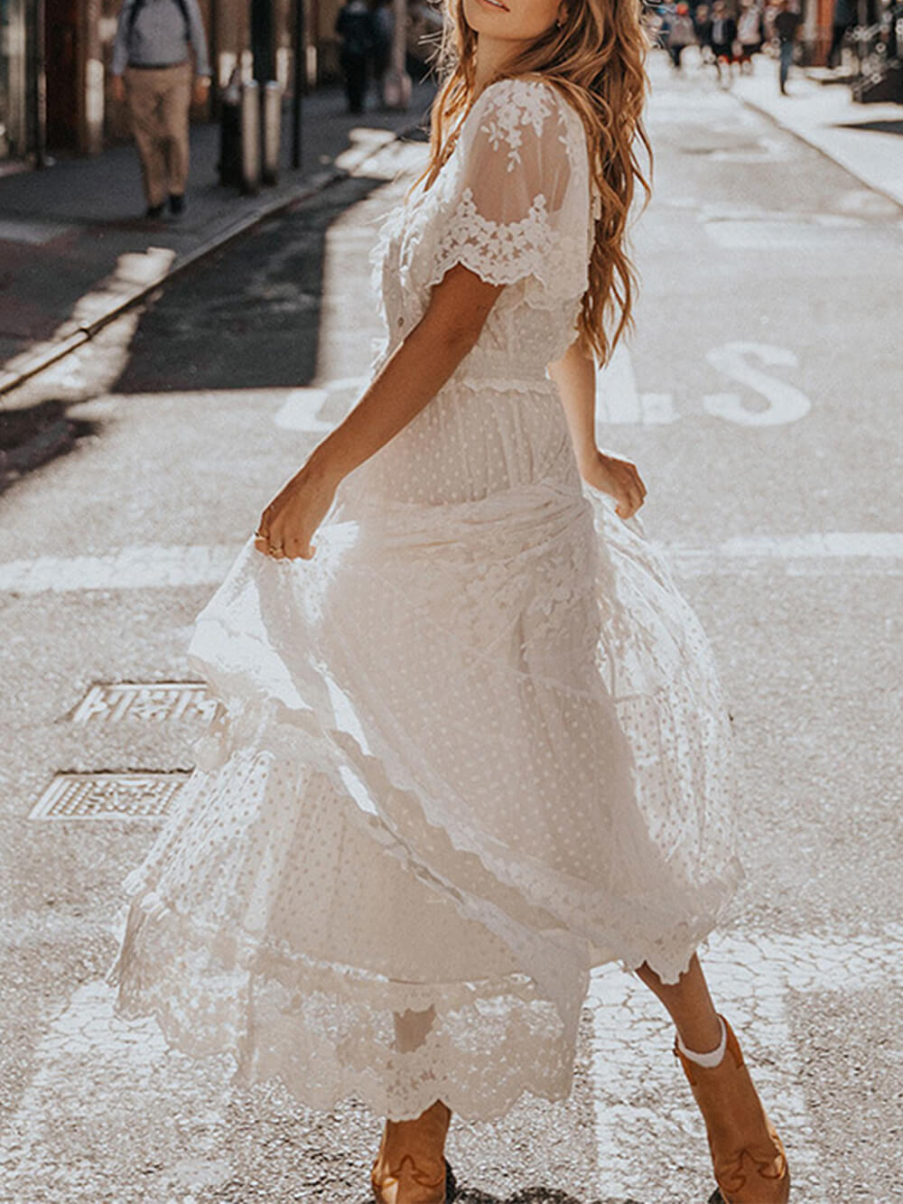 Lace Dress - V Neck & Airy Short Sleeves & Breathable Fit