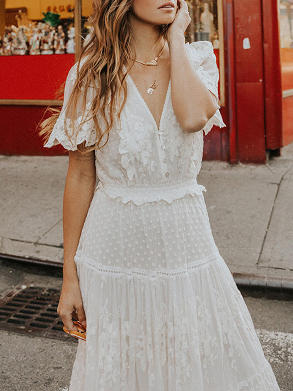 Lace Dress - V Neck & Airy Short Sleeves & Breathable Fit