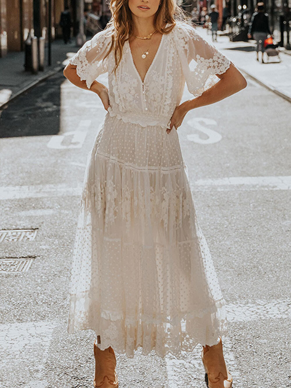 Lace Dress - V Neck & Airy Short Sleeves & Breathable Fit