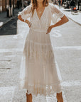 Lace Dress - V Neck & Airy Short Sleeves & Breathable Fit