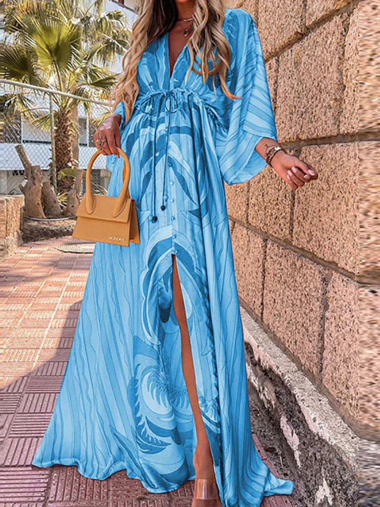 Polyester Blend Maxi Dress - Button Front And Belted Waist