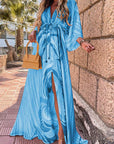 Polyester Blend Maxi Dress - Button Front And Belted Waist