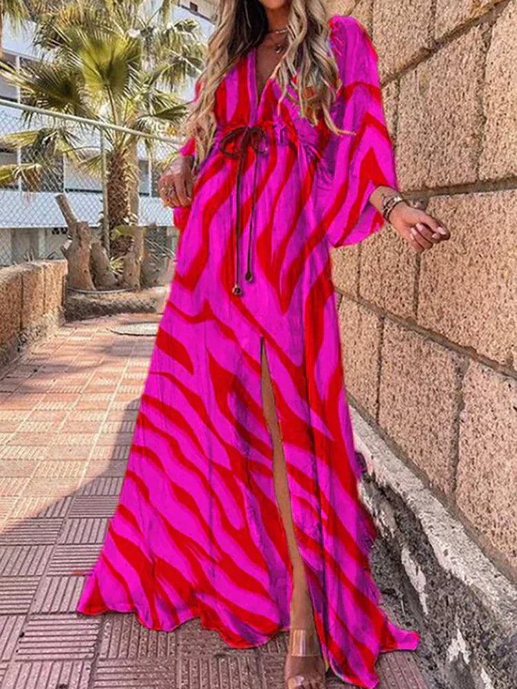 Polyester Blend Maxi Dress - Button Front And Belted Waist
