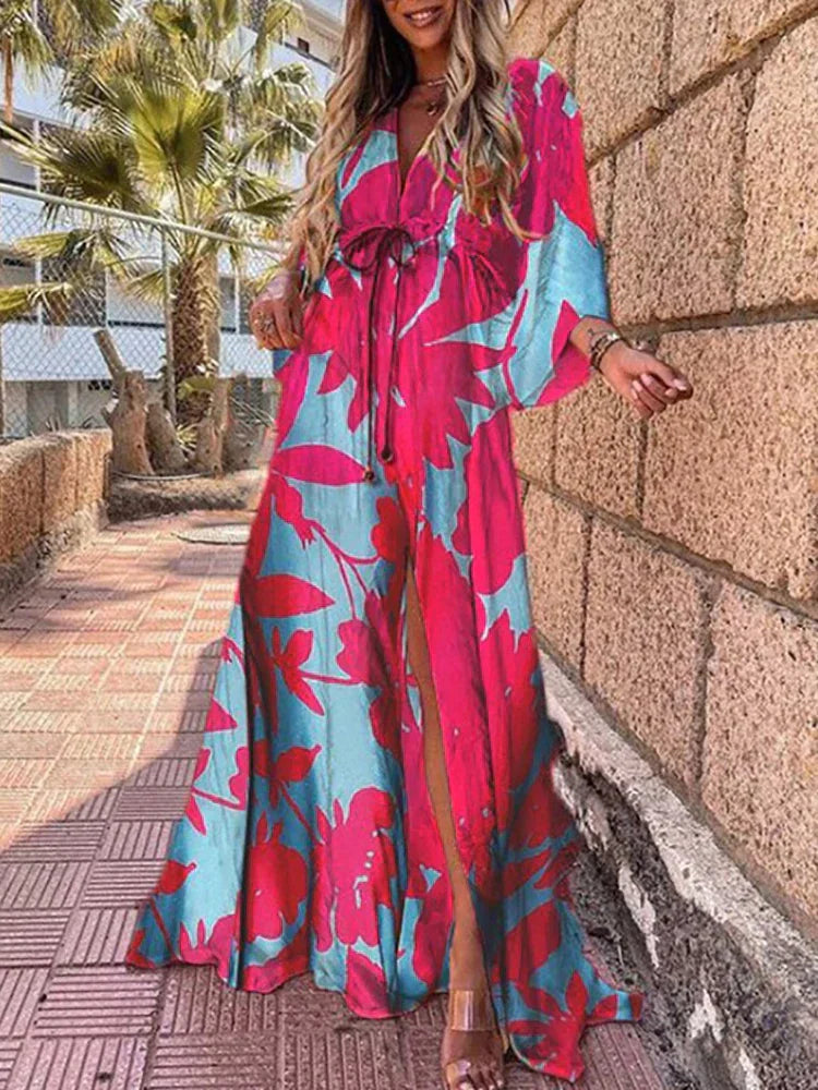 Polyester Blend Maxi Dress - Button Front And Belted Waist