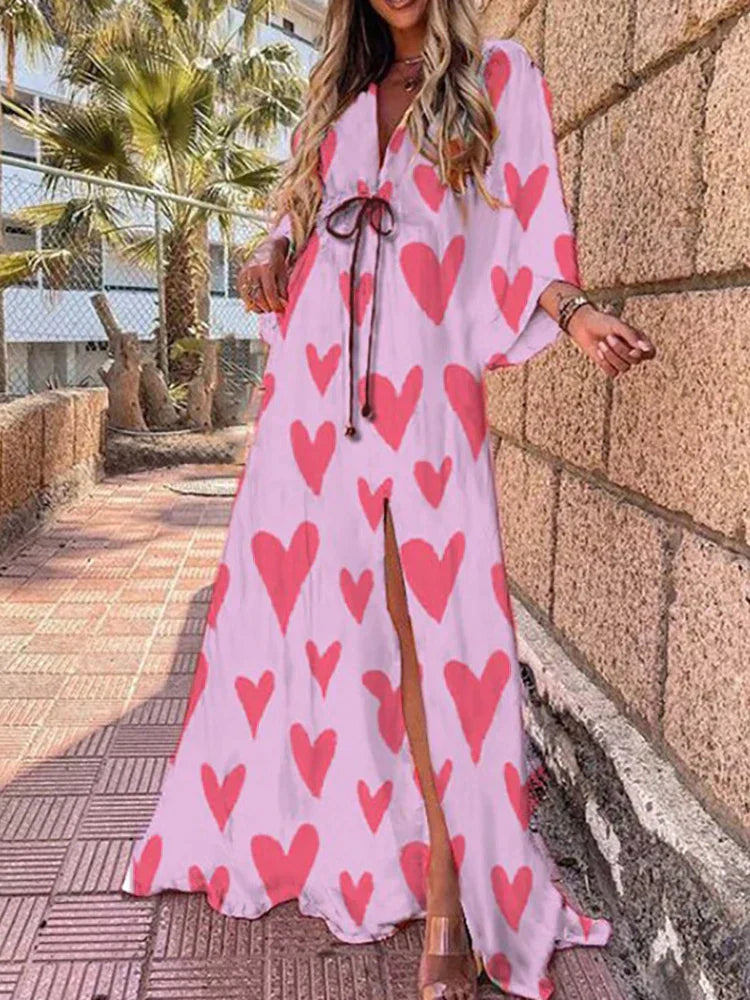 Polyester Blend Maxi Dress - Button Front And Belted Waist