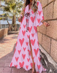 Polyester Blend Maxi Dress - Button Front And Belted Waist