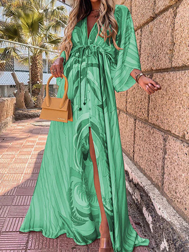 Polyester Blend Maxi Dress - Button Front And Belted Waist