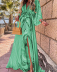 Polyester Blend Maxi Dress - Button Front And Belted Waist