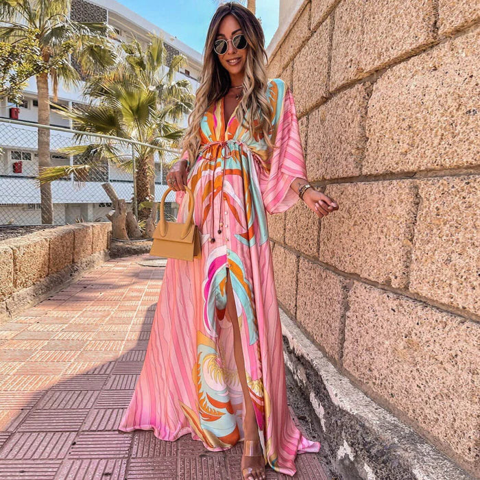 Polyester Blend Maxi Dress - Button Front And Belted Waist