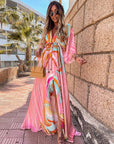 Polyester Blend Maxi Dress - Button Front And Belted Waist