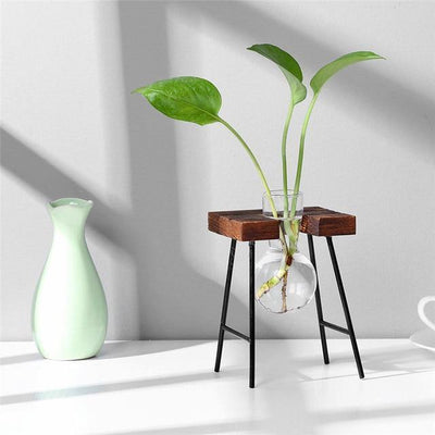 BLOOMERA - Glass Plant Vase with Metal &amp; Wooden Stand