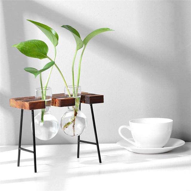 BLOOMERA - Glass Plant Vase with Metal &amp; Wooden Stand