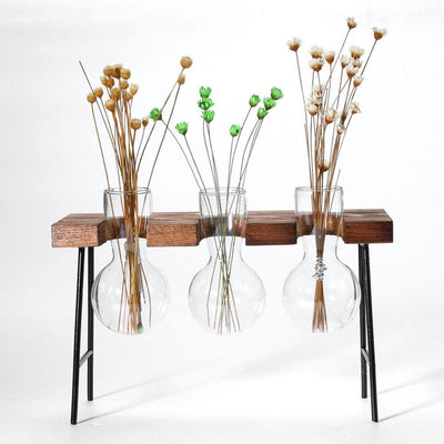 BLOOMERA - Glass Plant Vase with Metal &amp; Wooden Stand