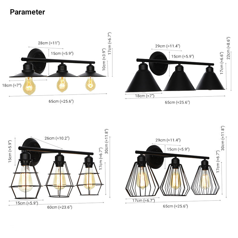 NEVARO - Industrial Black Vanity Wall Lamp with 3 Lights